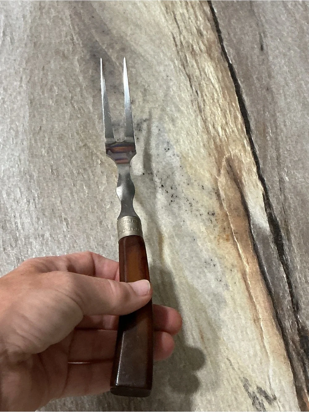 Vintage Brown Bakelite Handle Stainless Steel 2 Tine Meat Carving Fork 10” MCM